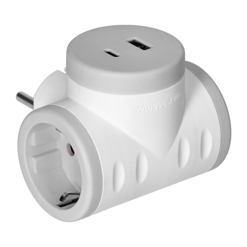 Orno Steckdosenadapter mit 2× USB (Typ A & C), Quickcharge, weiß/grau