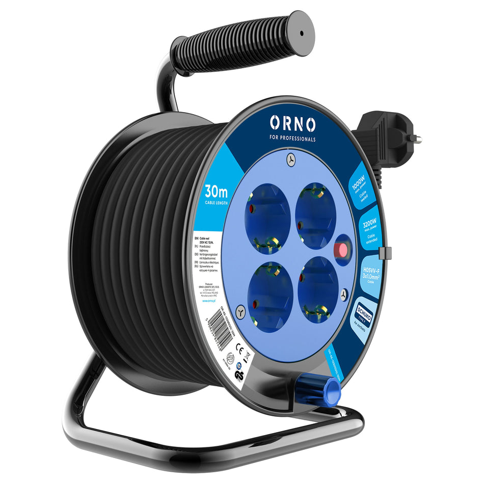 Orno Kabeltrommel 30 m – 4× Schuko, H05VV-F 3×1,0 mm², Thermoschutz