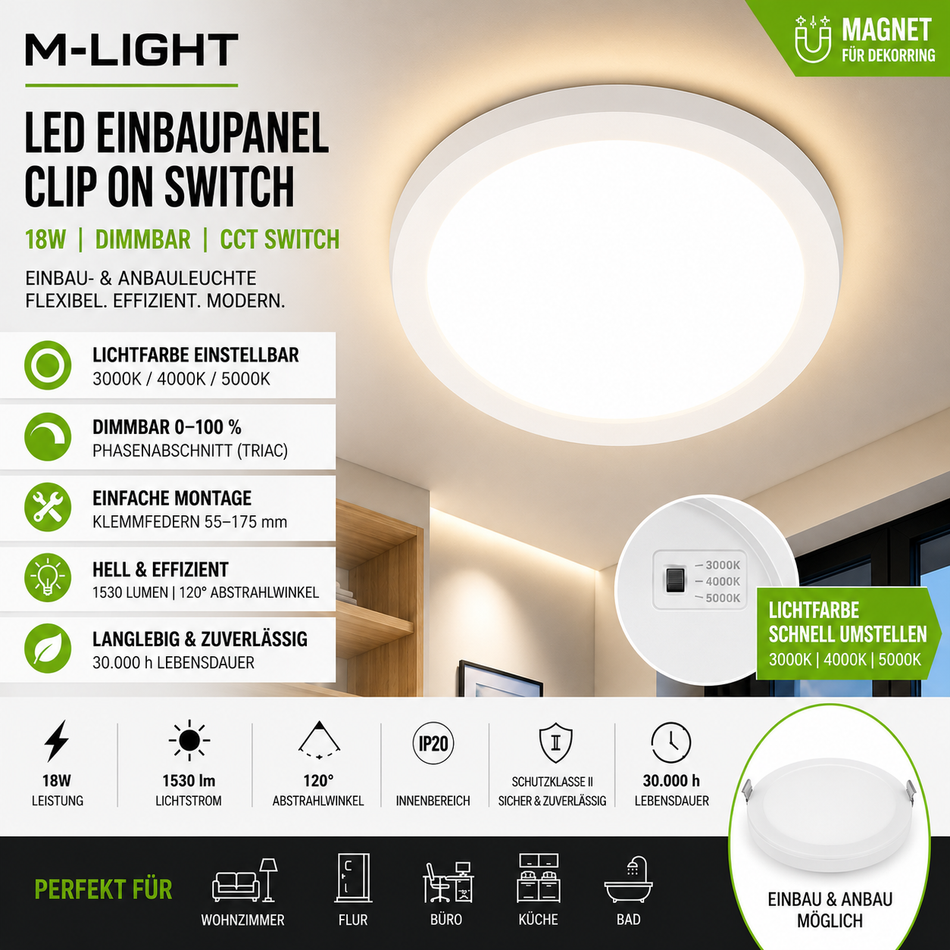 M-Light LED Einbau- & Anbauleuchte 18W dimmbar 3000K/4000K/5000K Weiß