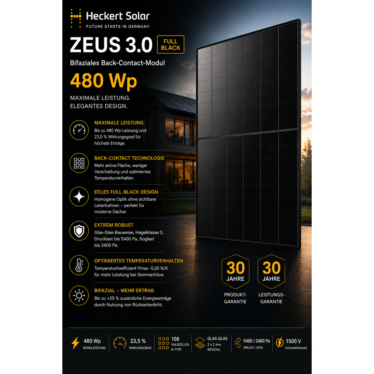 Heckert Solar ZEUS 3.0 Solarmodul 480Wp Full Black Glas-Glas 108 Halbzellen