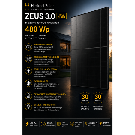 Heckert Solar ZEUS 3.0 Solarmodul 480Wp Full Black Glas-Glas 108 Halbzellen