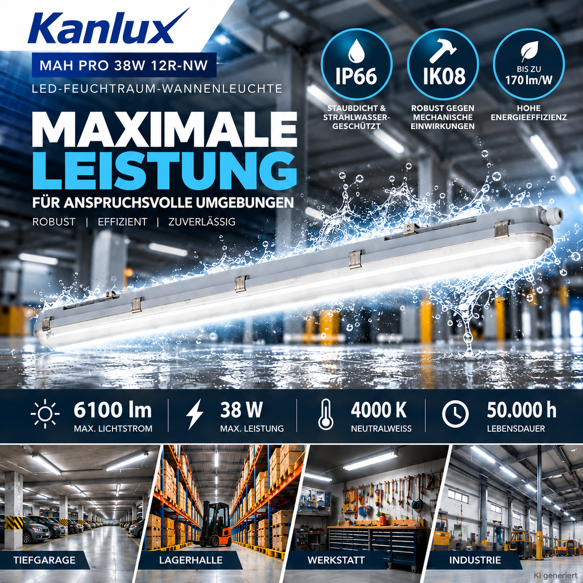 Kanlux MAH PRO LED Feuchtraumleuchte 120 cm 38W IP66