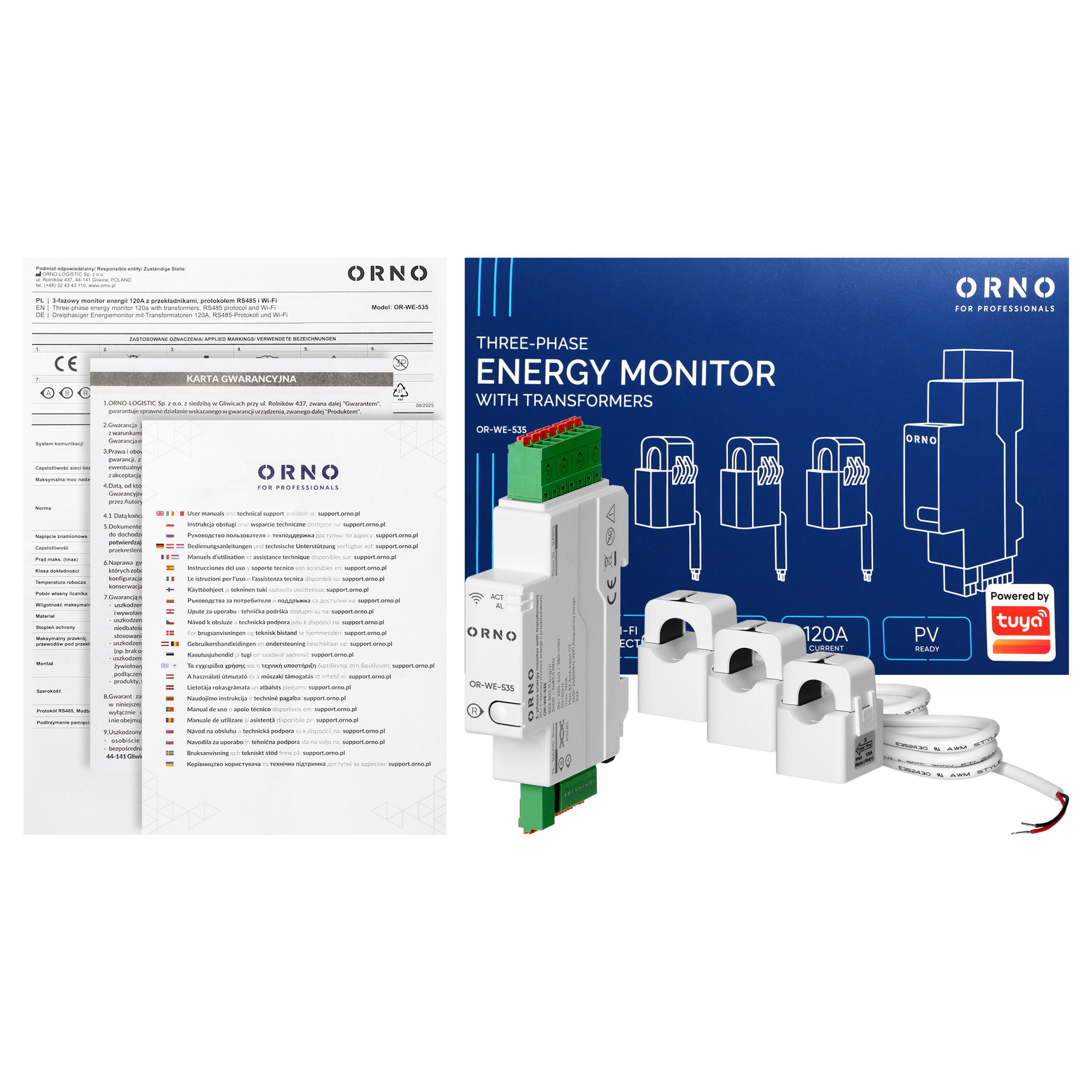 Orno WLAN 3-Phasen Energiemonitor Tuya Smart – 120A – DIN-Schiene – inkl. 3 Stromwandler