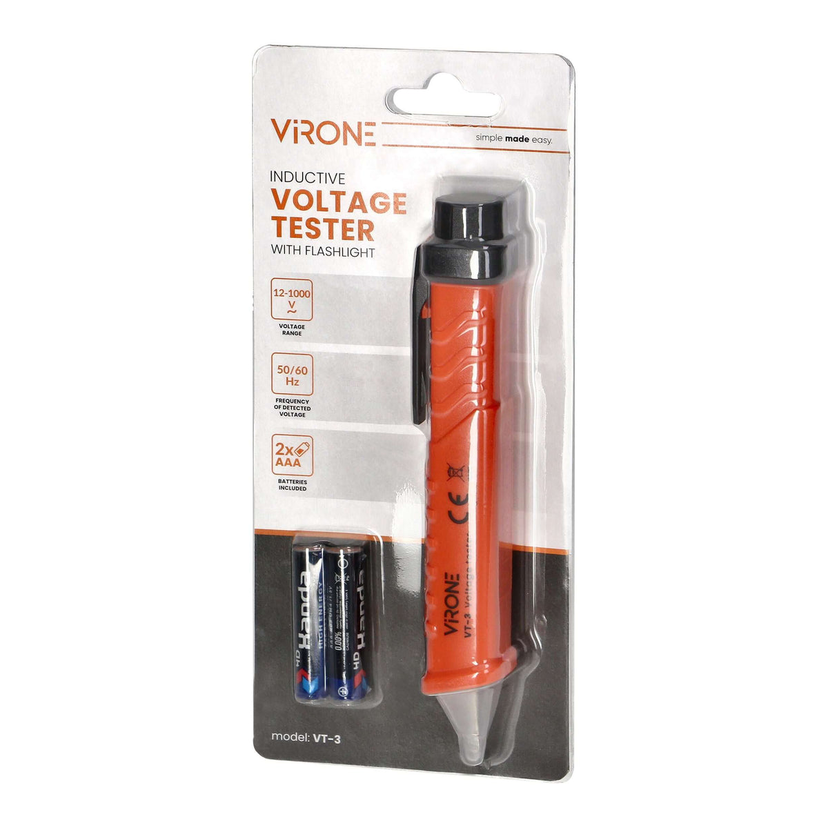 Orno Induktiver Spannungsprüfer 12–1000V AC/DC – mit Taschenlampe orange